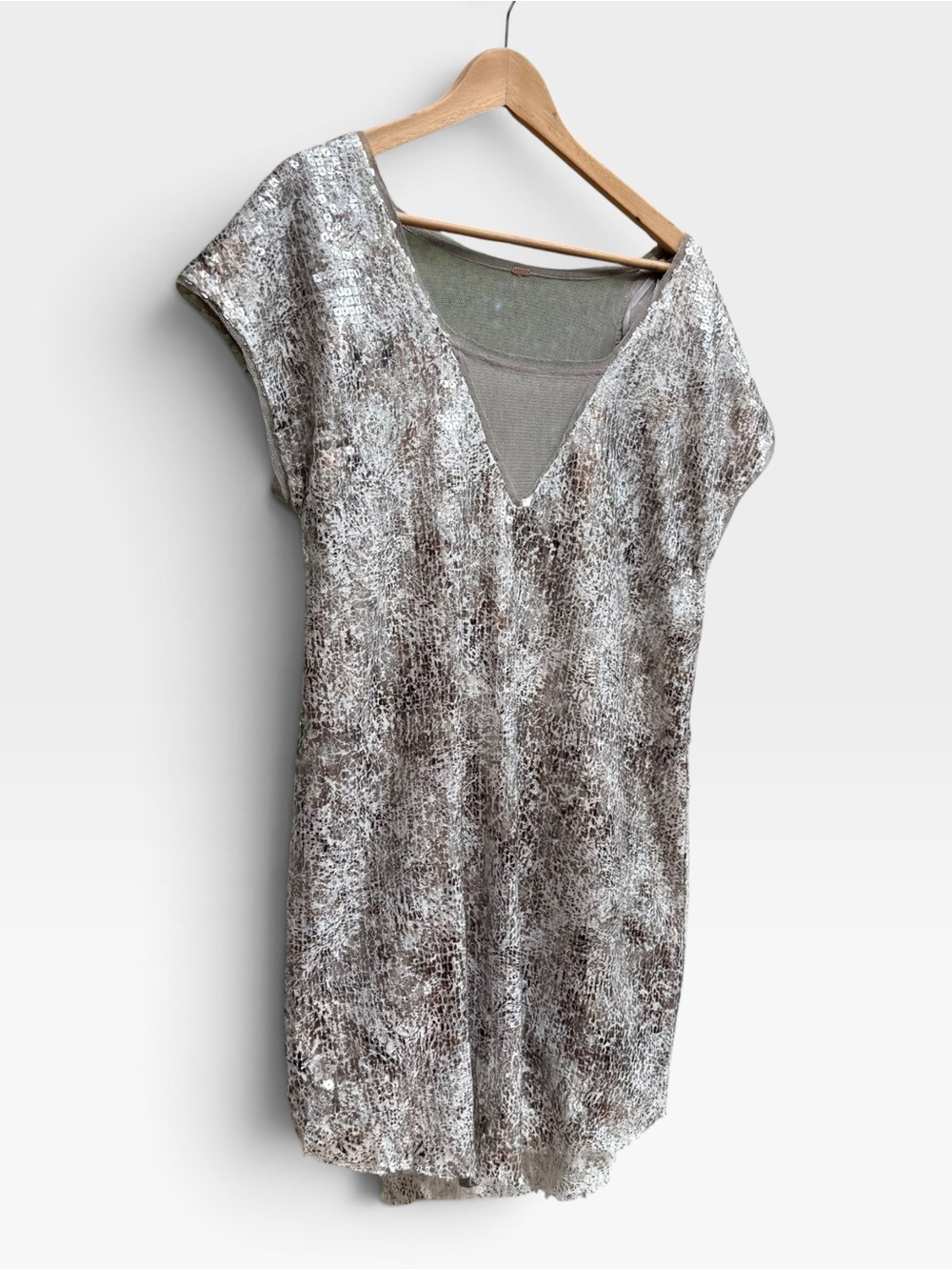 Free People Silver Metallic Sequin Mesh Shift Dress V-Neck